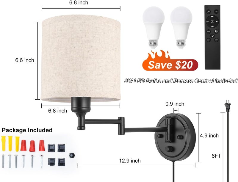 GOODATE Plug in Wall Sconces with Remote Control, Dimming 10%-100% & Adjustable Colors 2700K-6500K, Hardwire or Plug-in, Swing Arm Wall Lamp with Linen Fabric Shade, Wall Sconces Set of Two, Black Finish - Image 5